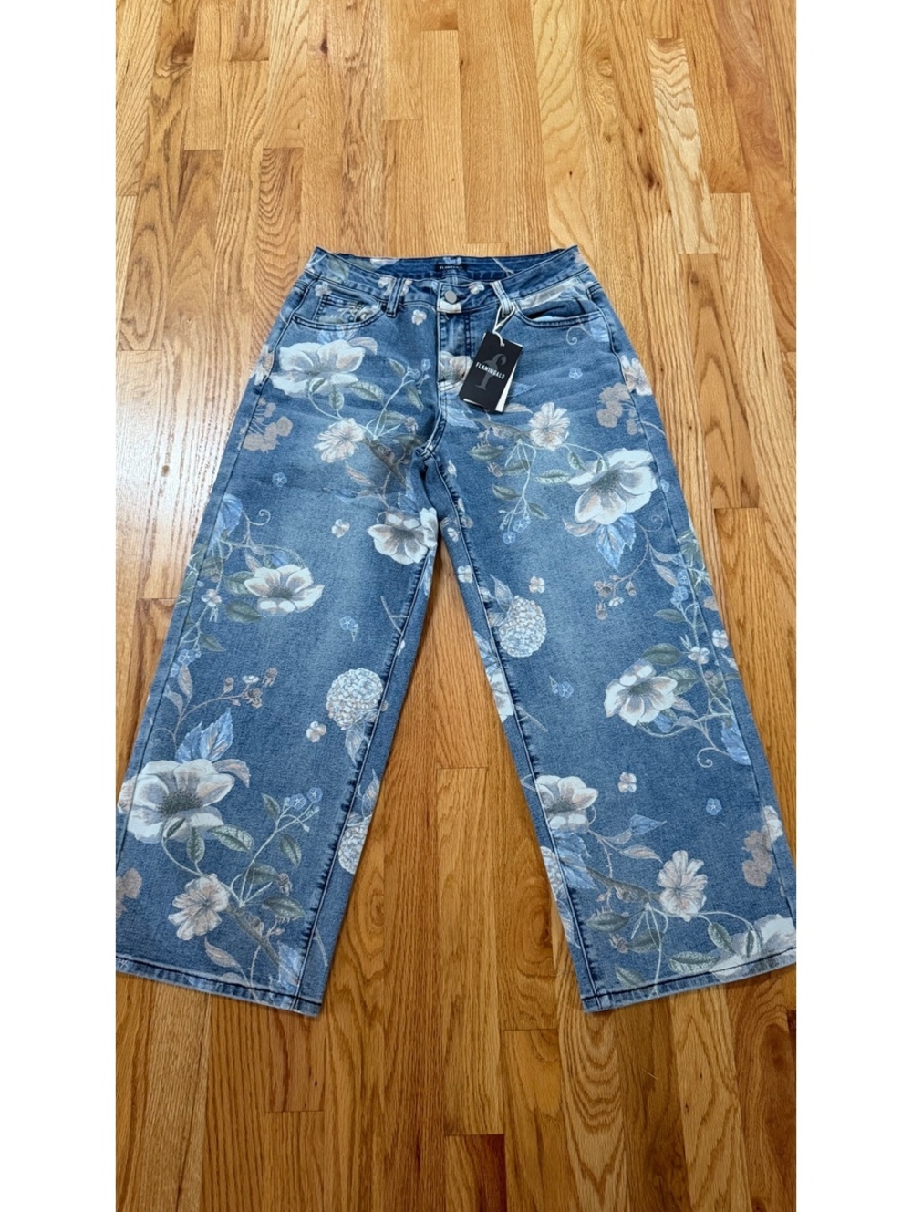 Flamingals Women's Medium Blue Floral Print Wide Leg Denim Jeans - Picture 3 of 5